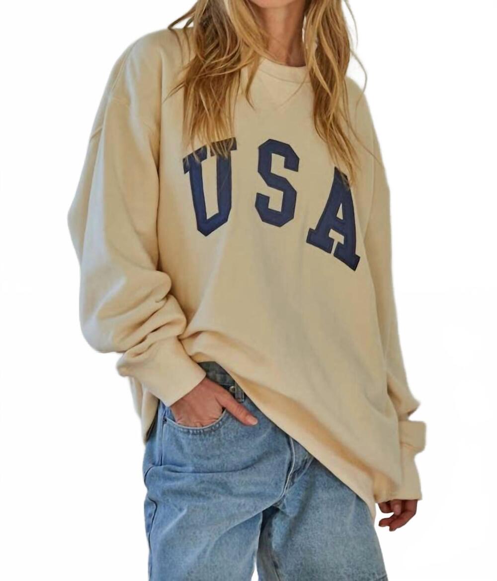 NEW BY TOGETHER cotton french terry crew neck usa pullover top in cream